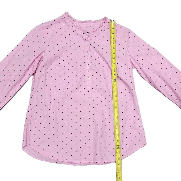 TALBOTS Pink Black Polka Dot 100% Cotton Ruffle Neck 1/2 Button Blouse Medium - Picture 5 of 9